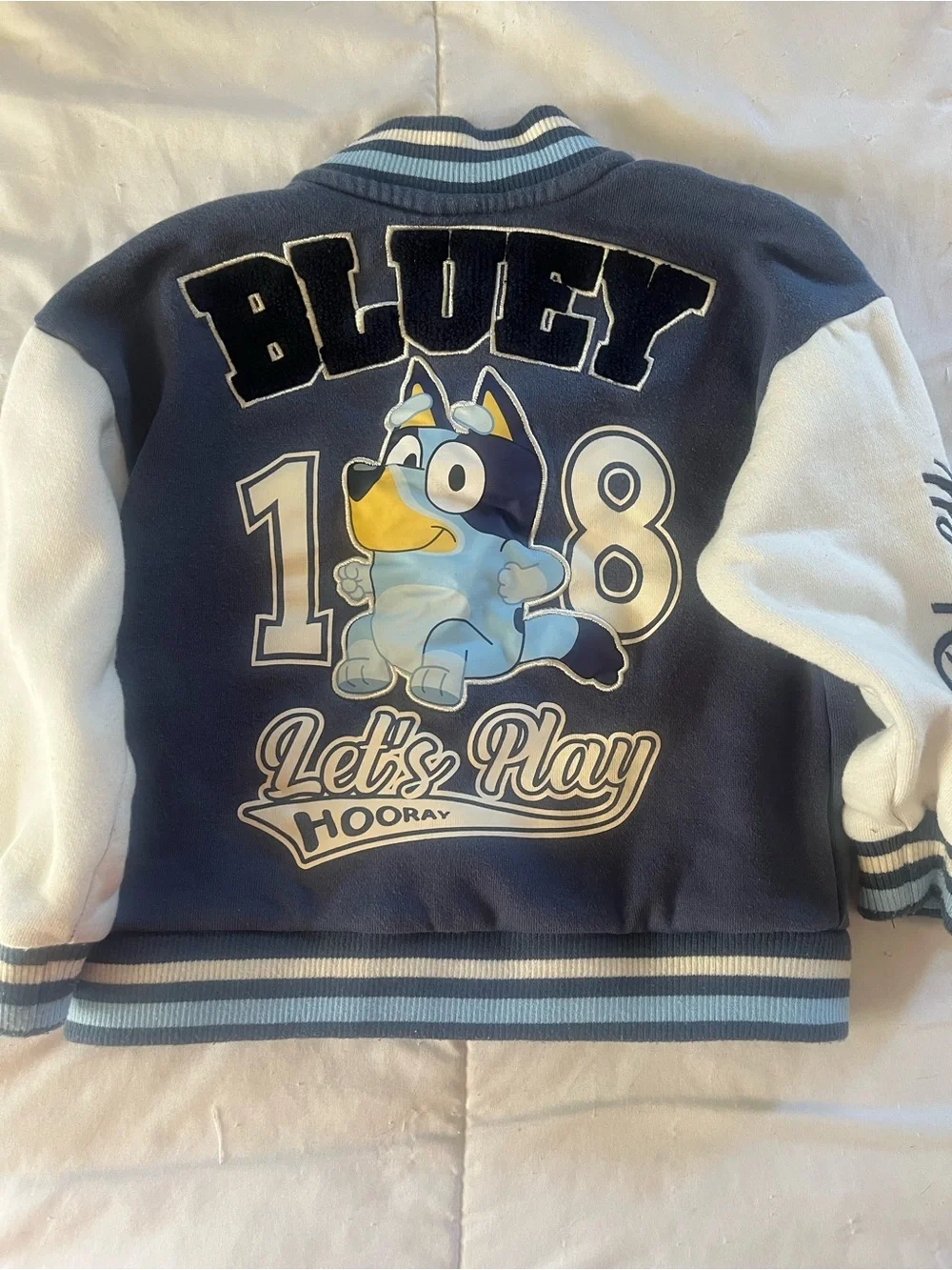 Bluey Blue & White Varsity Jacket for Kids with Cartoon Patch